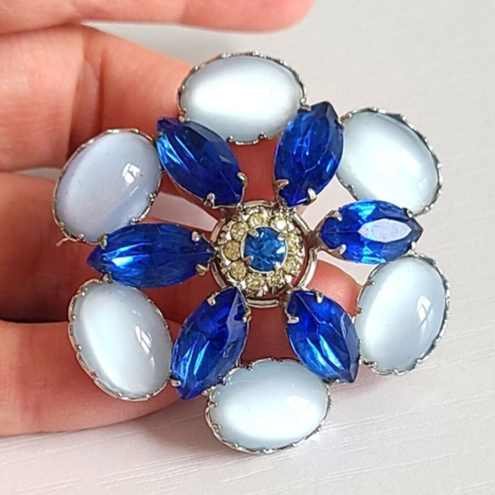 Vintage Boho Blue Opal Cabochon Crystal Round Flower Brooch Pin